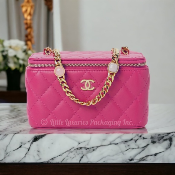 NWT Authentic Chanel Fuchsia Pink Leather Vanity Case Handbag with Jeweled Chain - Picture 14 of 16